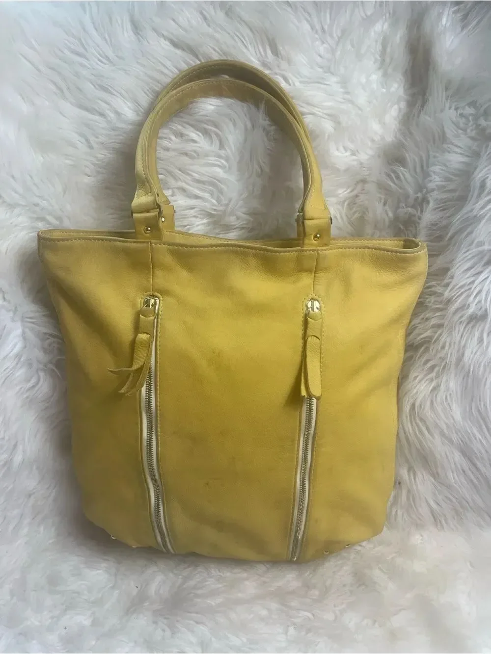 Yellow Leather Tote Bag with Front Zippers
